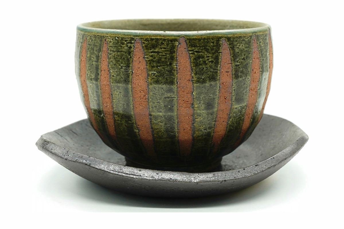 Kinoko Yunomi, a Mino ware cup with rust-orange stripes over mossy green, on a dark brown saucer