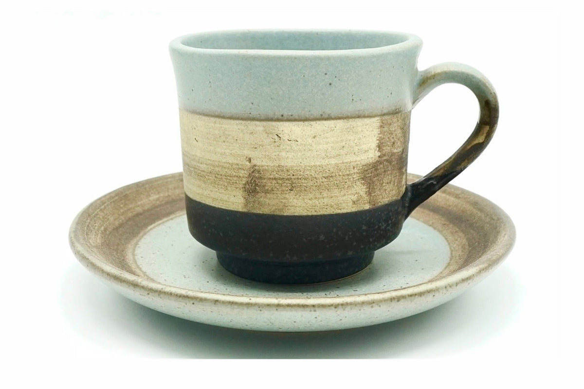 Kissa 2 Yunomi, a Mino ware cup and saucer banded in pale blue, sandy tan and dark brown