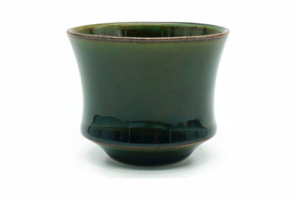 Koke Yunomi, a deep glossy moss-green Mino ware teacup flaring from a stepped foot, front view