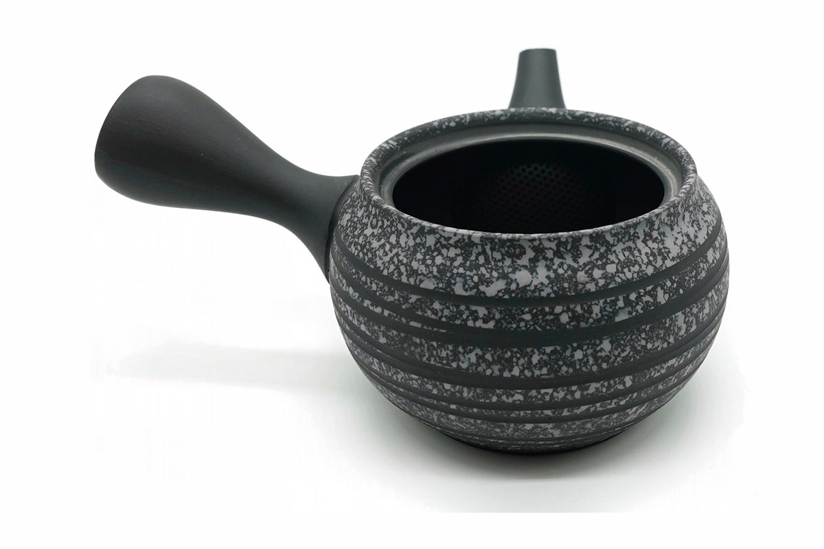 Kokudei Kyusu with the lid off, the ceramic strainer fired into the pot at the spout