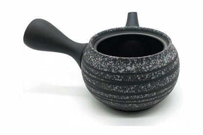 Kokudei Kyusu with the lid off, the ceramic strainer fired into the pot at the spout