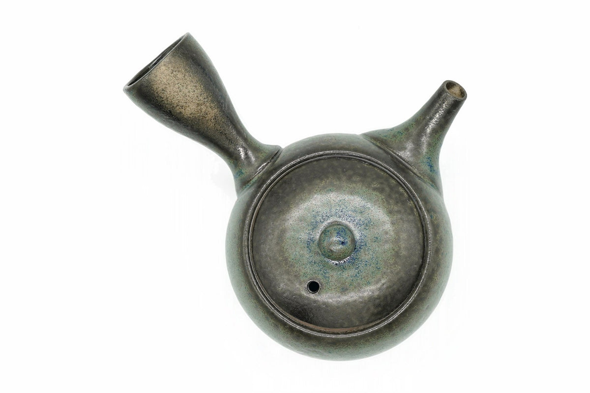 Konami Kyusu from above with the lid on, the mottled glaze on the lid, EdoMatcha Sydney