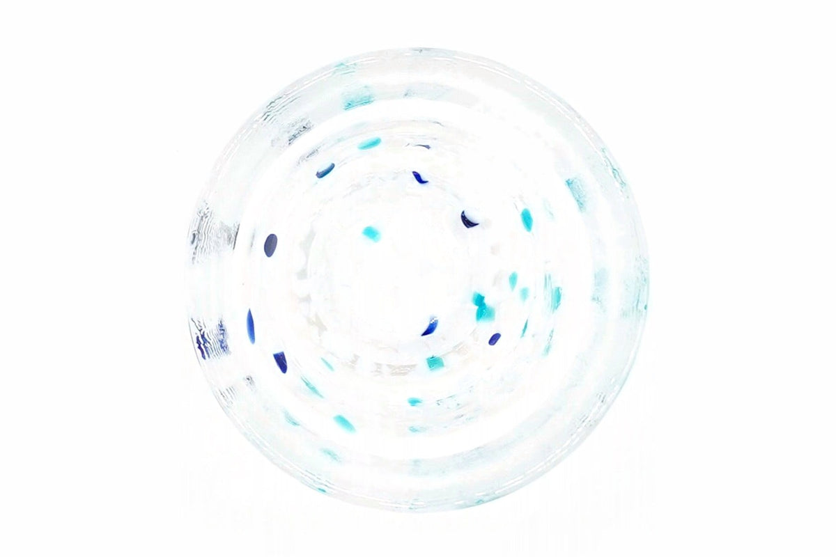 Konayuki Glass Choko from above, looking into the cup through the blue, turquoise and white flecks
