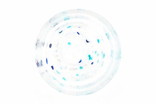 Konayuki Glass Choko from above, looking into the cup through the blue, turquoise and white flecks