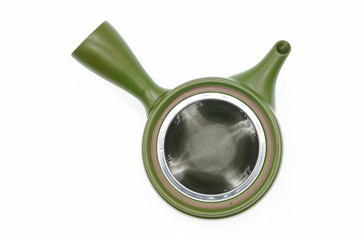 Midori Kyusu from above with the lid off, the stainless mesh strainer filling the opening