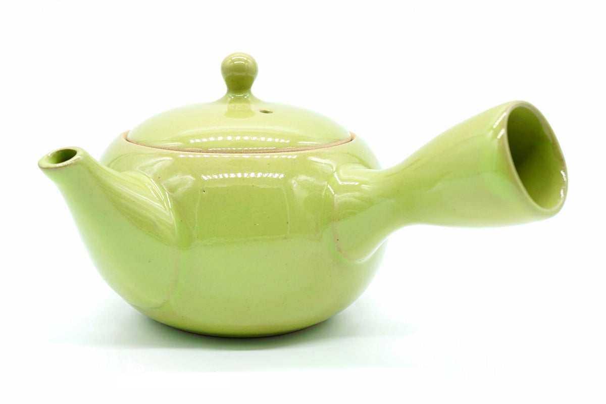 Midori Shunbun Kyusu, a glossy yellow-green teapot, side view, EdoMatcha Sydney