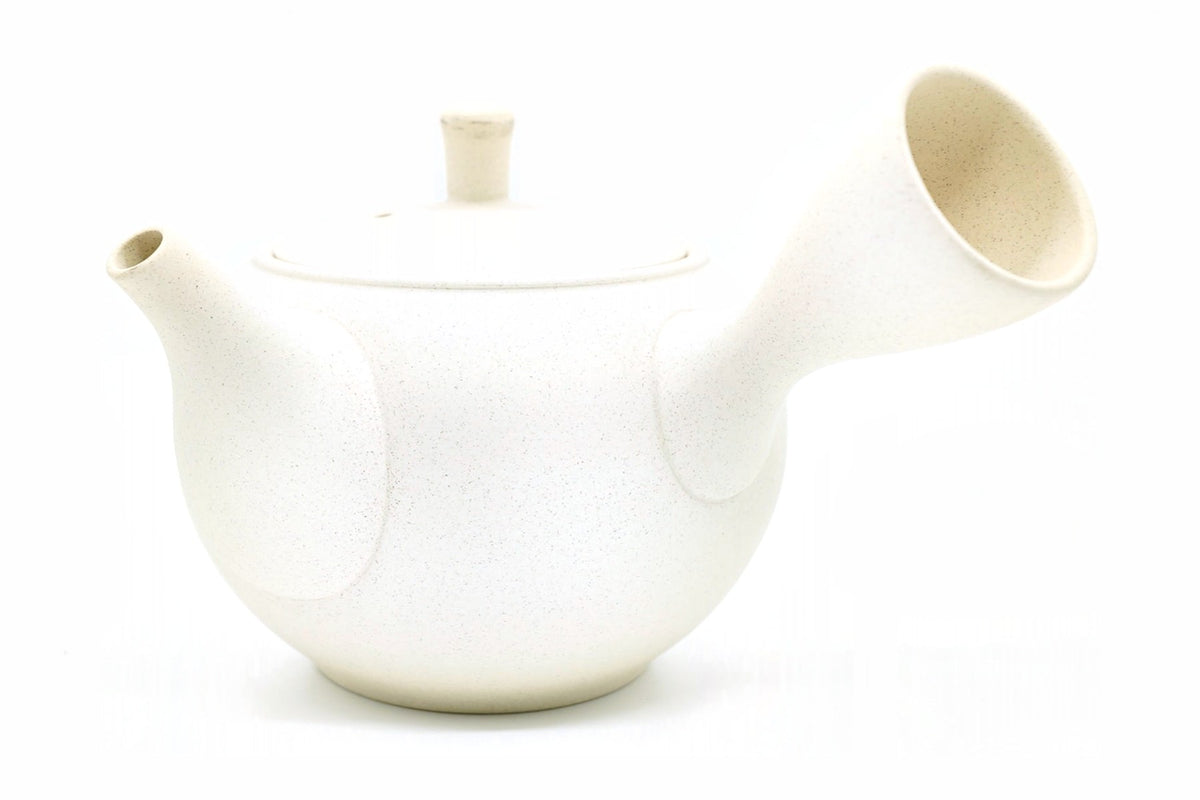 Mochi Kyusu, a plump matte white Tokoname teapot, side view, EdoMatcha Sydney
