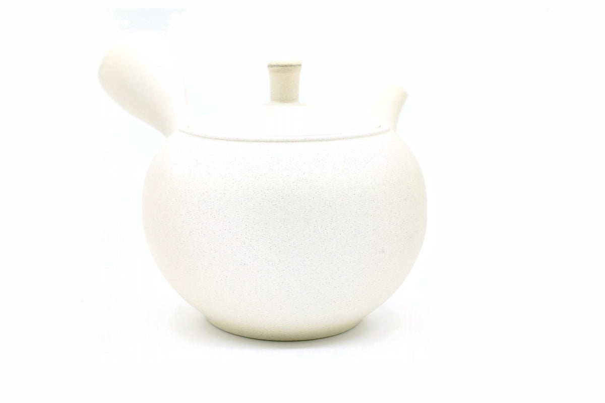 Mochi Kyusu seen from the front, the rounded white body and small knob, EdoMatcha Sydney