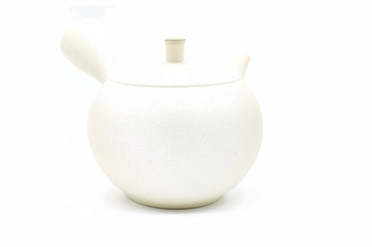 Mochi Kyusu seen from the front, the rounded white body and small knob, EdoMatcha Sydney