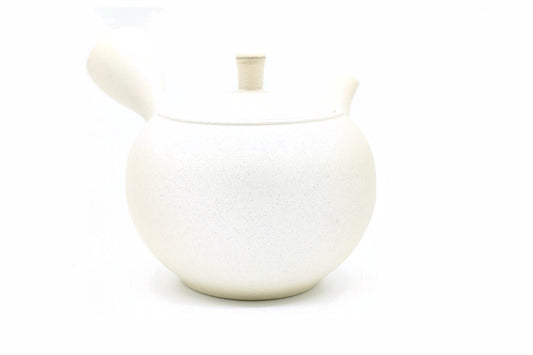 Mochi Kyusu seen from the front, the rounded white body and small knob, EdoMatcha Sydney