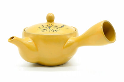 Natsu No Yoi Kyusu, a mustard-yellow teapot with a vine painted in black ink, side view, EdoMatcha Sydney