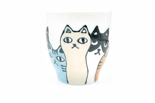 Neko Party Yunomi, white porcelain Japanese teacup hand-painted with a row of cats in cream, black and white, blue tabby and orange