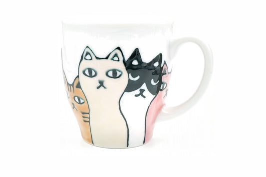 Neko Party Yunomi, side view with the handle, showing the cream, black and white and pink cats