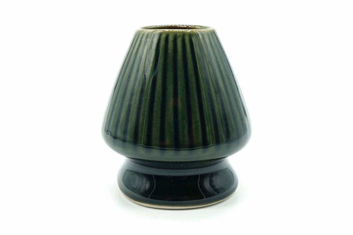 Oribe Chasen Naoshi, Japanese matcha whisk holder, ribbed ceramic stand in a deep glossy green glaze, front view on white