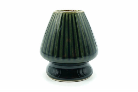 Oribe Chasen Naoshi, Japanese matcha whisk holder, ribbed ceramic stand in a deep glossy green glaze, front view on white
