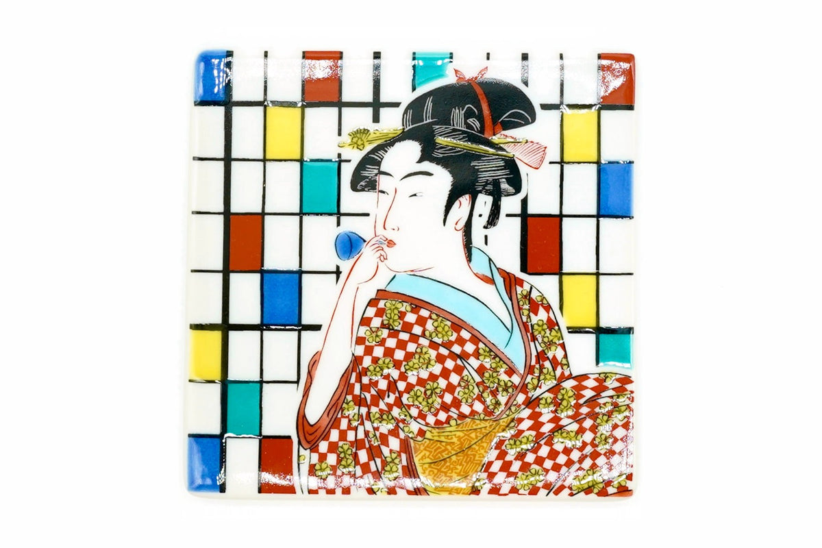 Popen o Fuku Musume Coaster Utamaro Ukiyo-e, Kutani ware, EdoMatcha