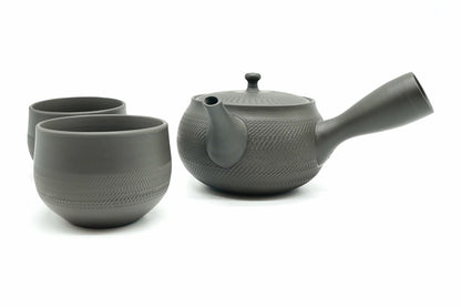 Rikyu Nezumi Japanese Tea Set: a grey-green Tokoname kyusu with carved biri texture and two matching cups