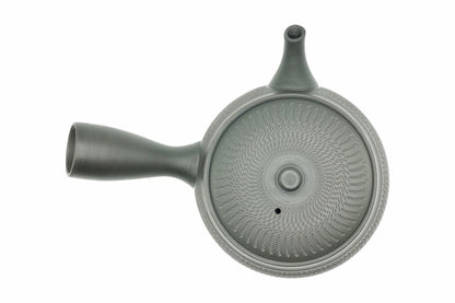 Rikyu Nezumi kyusu seen from above, the lid carved in a spiral of chatter marks