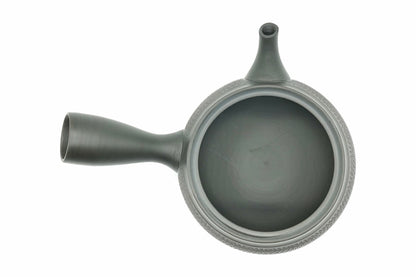 Rikyu Nezumi kyusu from above with the lid off, smooth grey-green interior