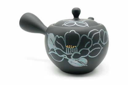 Romansu Kyusu, a matte black Tokoname teapot with large flowers drawn in silver, front view
