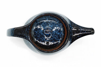 Seiko Kyusu from above, the speckled blue lid with a copper-brown rim