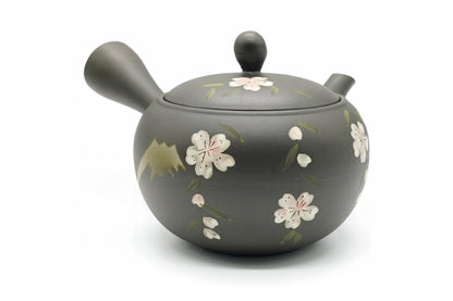 Shidare-Sakura Kyusu, a dark Tokoname teapot hand-painted with weeping cherry blossoms and a gold Mount Fuji, side view