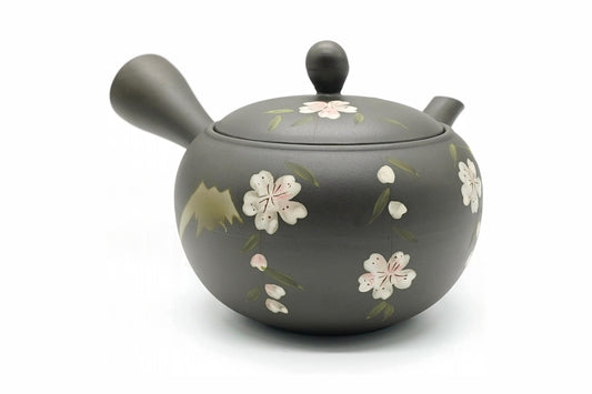 Shidare-Sakura Kyusu, a dark Tokoname teapot hand-painted with weeping cherry blossoms and a gold Mount Fuji, side view