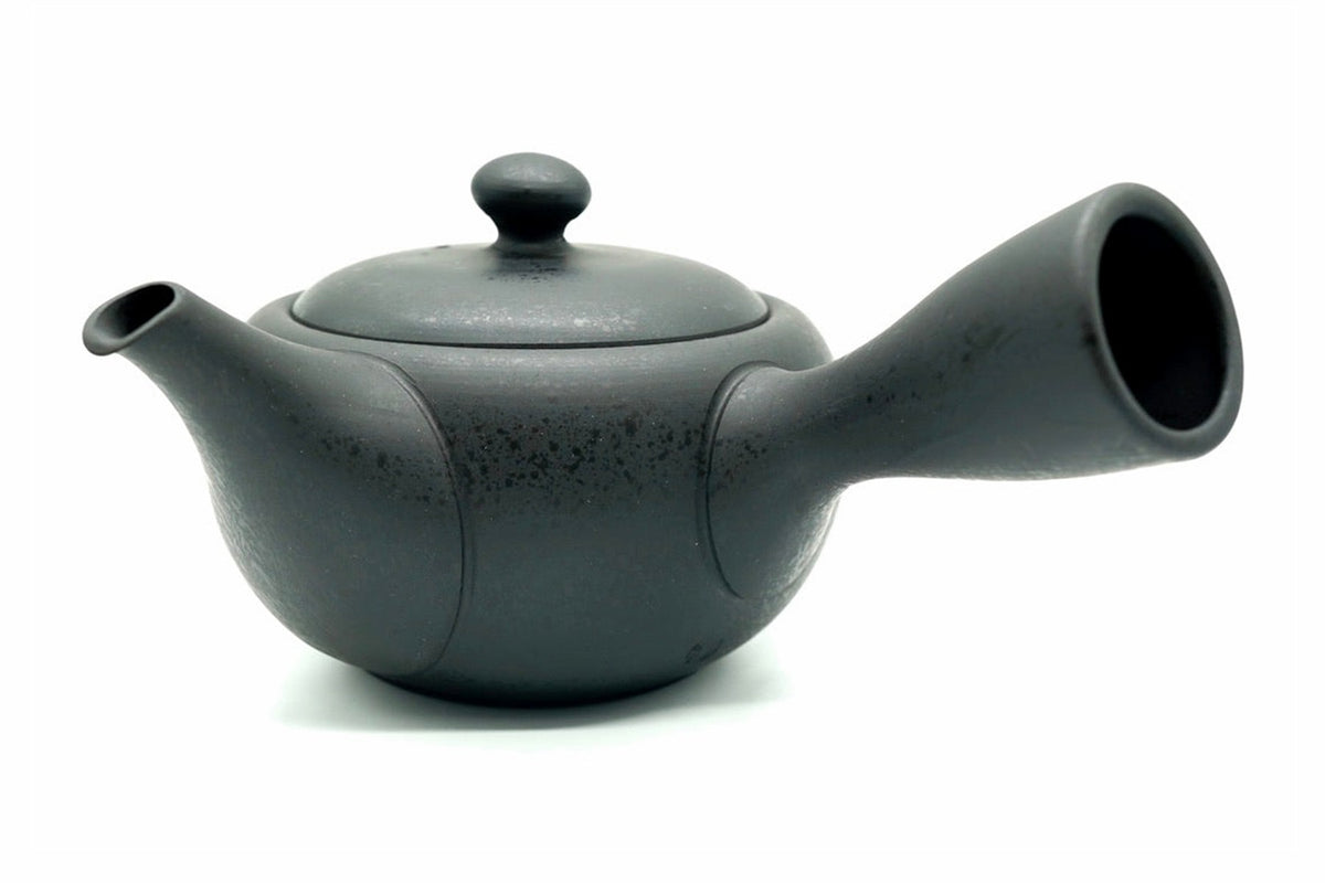 Shikkoku Kyusu, a matte jet-black Tokoname teapot with a faint grey mottle, side view, EdoMatcha Sydney