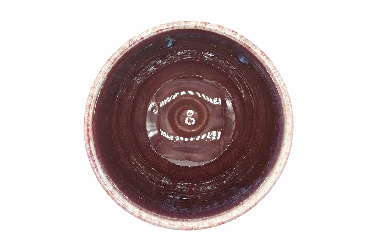 Shinsha-Nagashi Yunomi seen from above, glossy dark red glazed interior