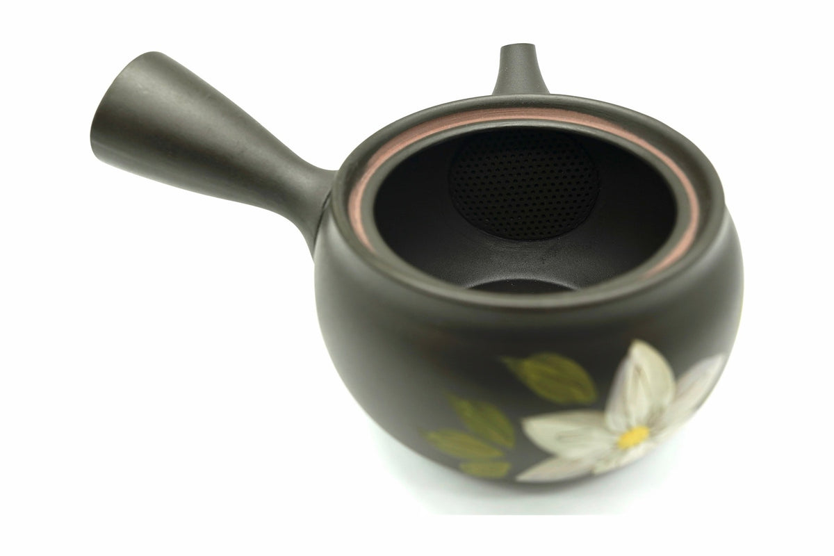 Shiroi Hana Kyusu with the lid off, the ceramic mesh strainer fired into the pot at the spout