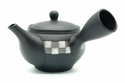 Shogi Kyusu, a matte black Tokoname teapot with a white and grey checkerboard band, side view, EdoMatcha Sydney