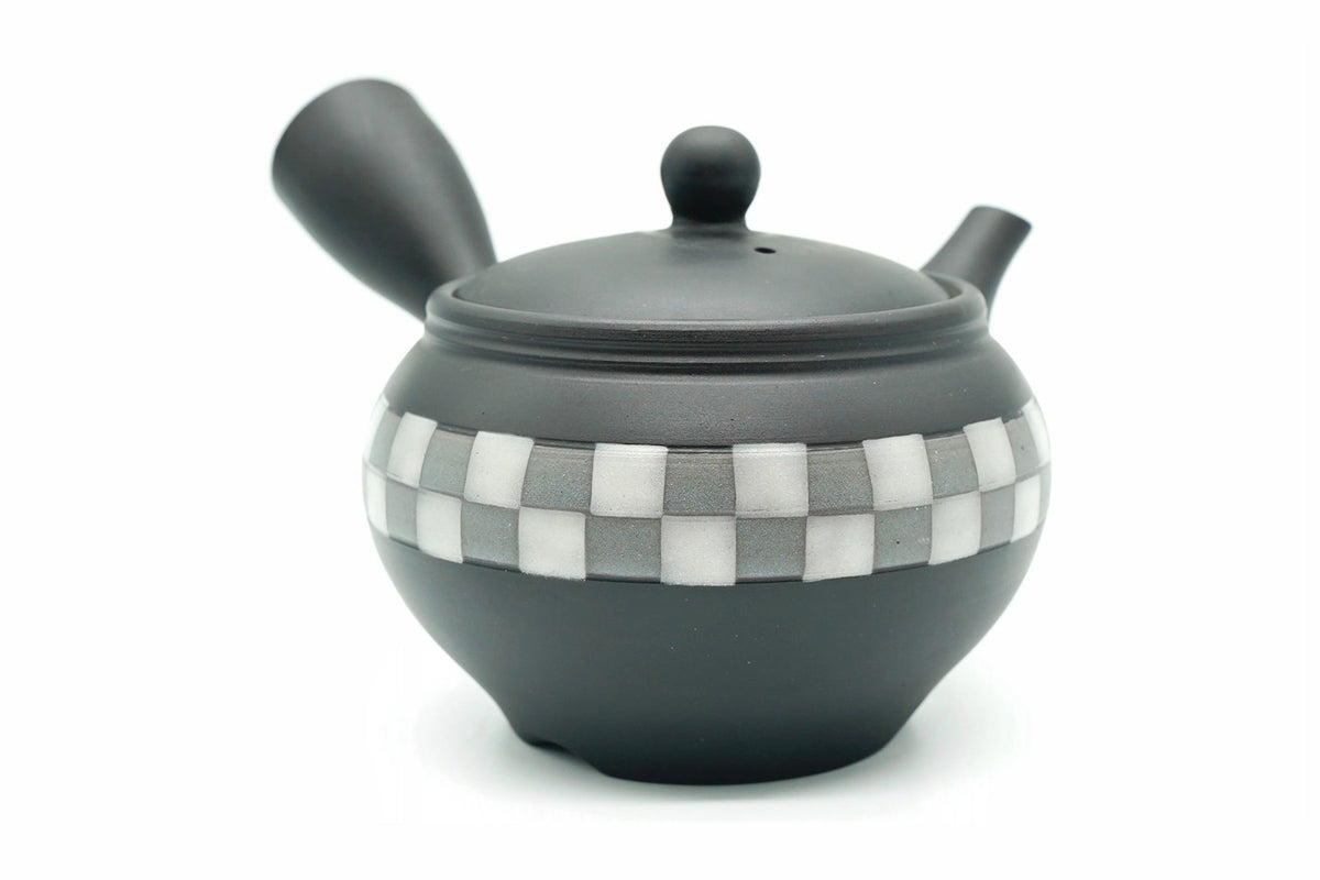 Shogi Kyusu seen from the front, the checkerboard band around the middle, EdoMatcha Sydney