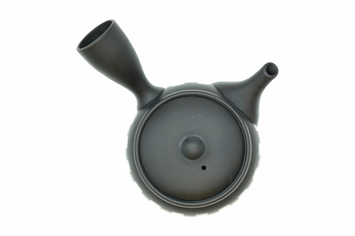 Shogi Kyusu from above, the plain black lid and side handle, EdoMatcha Sydney