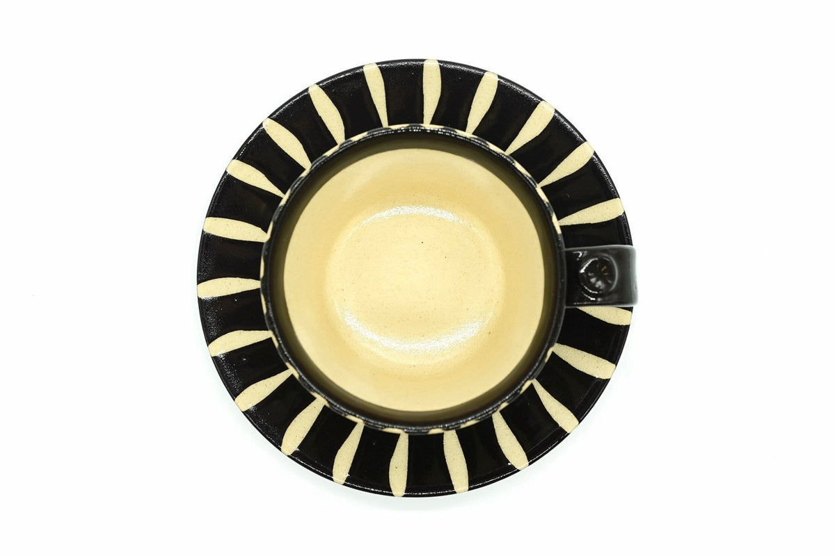 Sumi Yunomi from above, the glossy black inside of the cup on its striped saucer