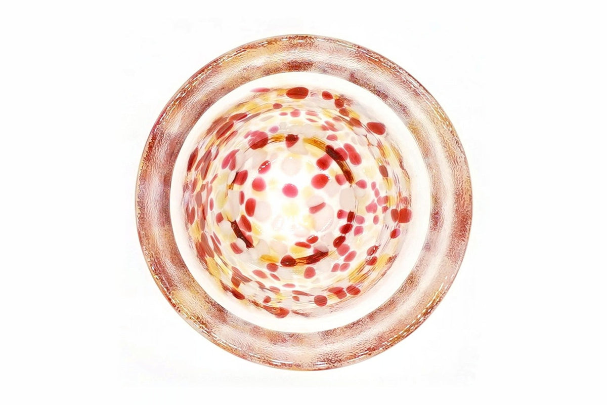 Sumomo Glass Choko from above, looking into the cup through the red, pink, white and amber flecks