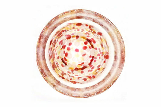 Sumomo Glass Choko from above, looking into the cup through the red, pink, white and amber flecks