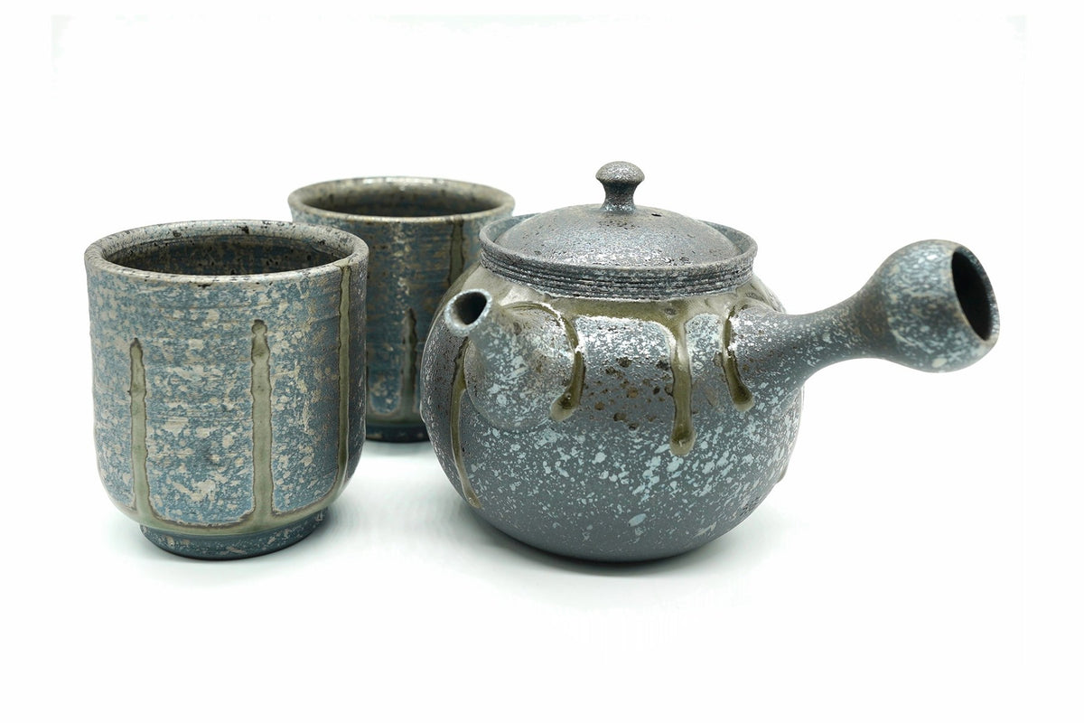 Suraimu Kyusu, Grey Japanese Teapot Set, Yunomi, cup and saucer, Edomatcha