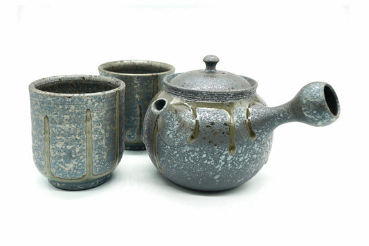 Suraimu Kyusu, Grey Japanese Teapot Set, Yunomi, cup and saucer, Edomatcha