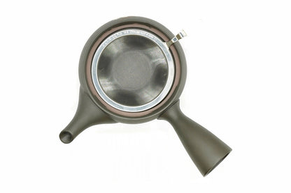 Yamazakura Kyusu from above with the lid off, looking down into the stainless basket strainer